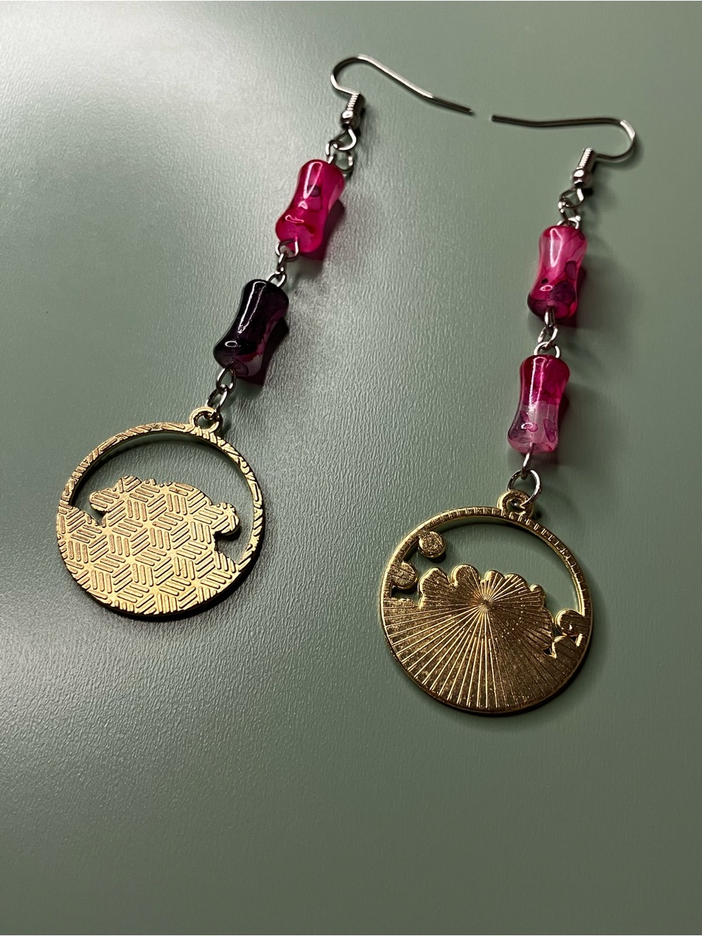 Handmade Bamboo Shaped Glass Bead Dangle Earrings with Panda Charms - Picture 4 of 5
